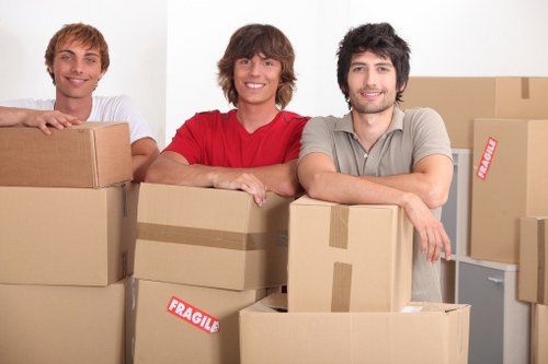 Packed office equipment ready for transport during a London relocation