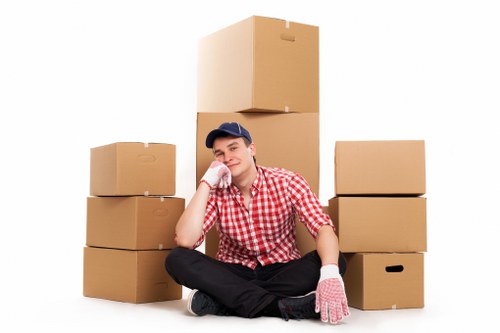 London office relocation with desks, equipment, and boxes